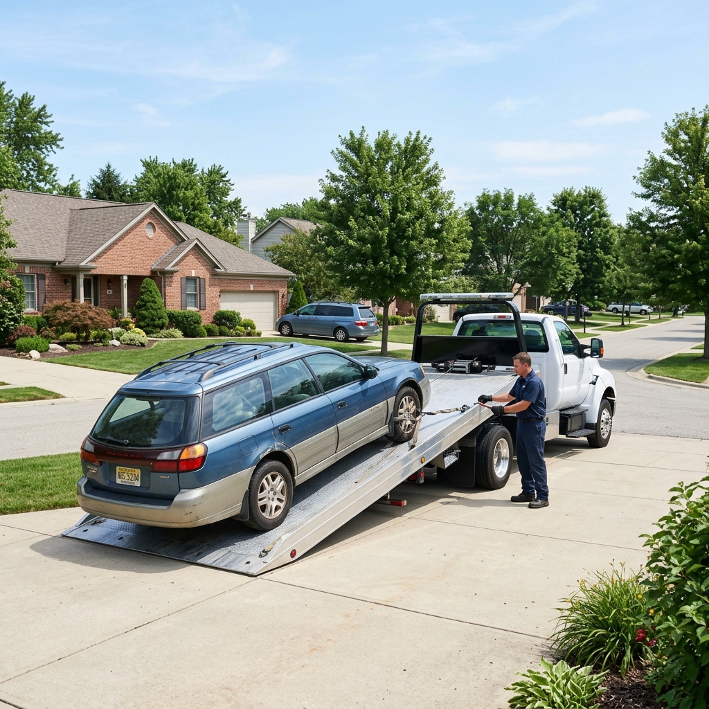 AfterCarz doorstep vehicle pickup service with flatbed truck