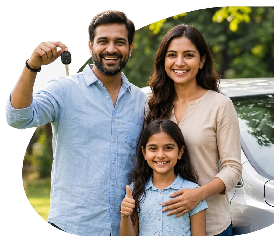 Happy family with their car